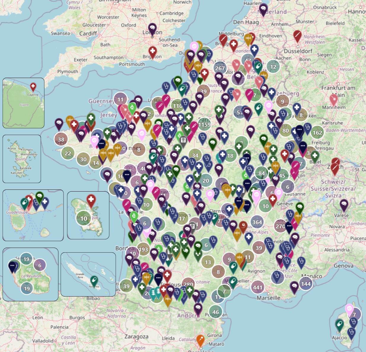 Carte de france continentale et drom com avec les points des praticiens recensés