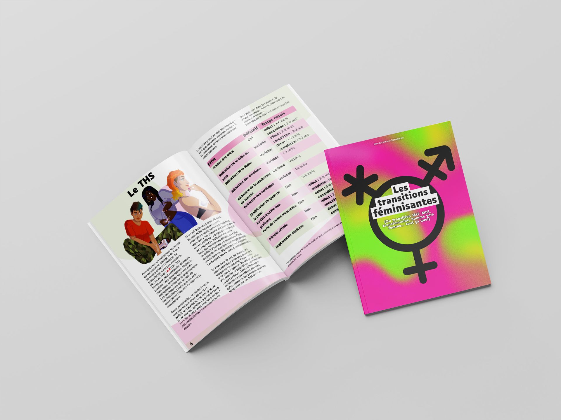 Une brochure "les transitions féminisantes" ouverte (mais c'est écrit trop petit pour lire), et un autre exemplaire de la brochure devant pour voir la couverture.